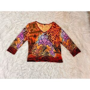 Vintage Forbidden Women Y2K Colorful Floral Patchwork Beaded Shirt sz Medium